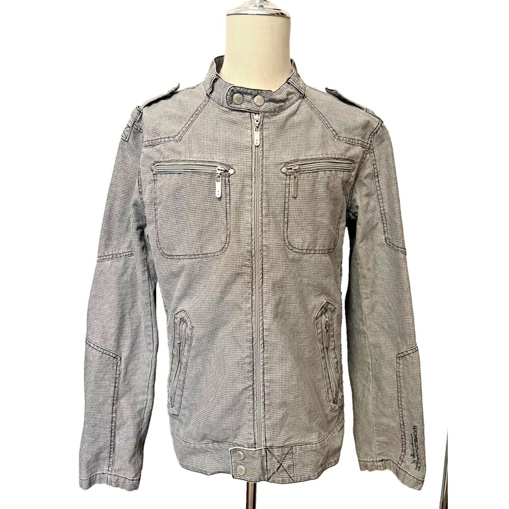 Vintage Japan IDPDT Men's XXL Denim Houndstooth Moto Jacket Y2K Grey Pockets HTF